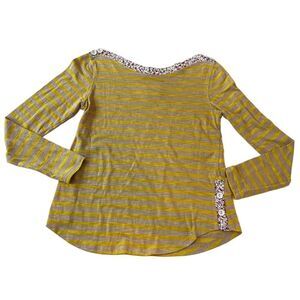 Anthropologie postage stamp brand tan, yellow, striped T-shirt, with floral trim